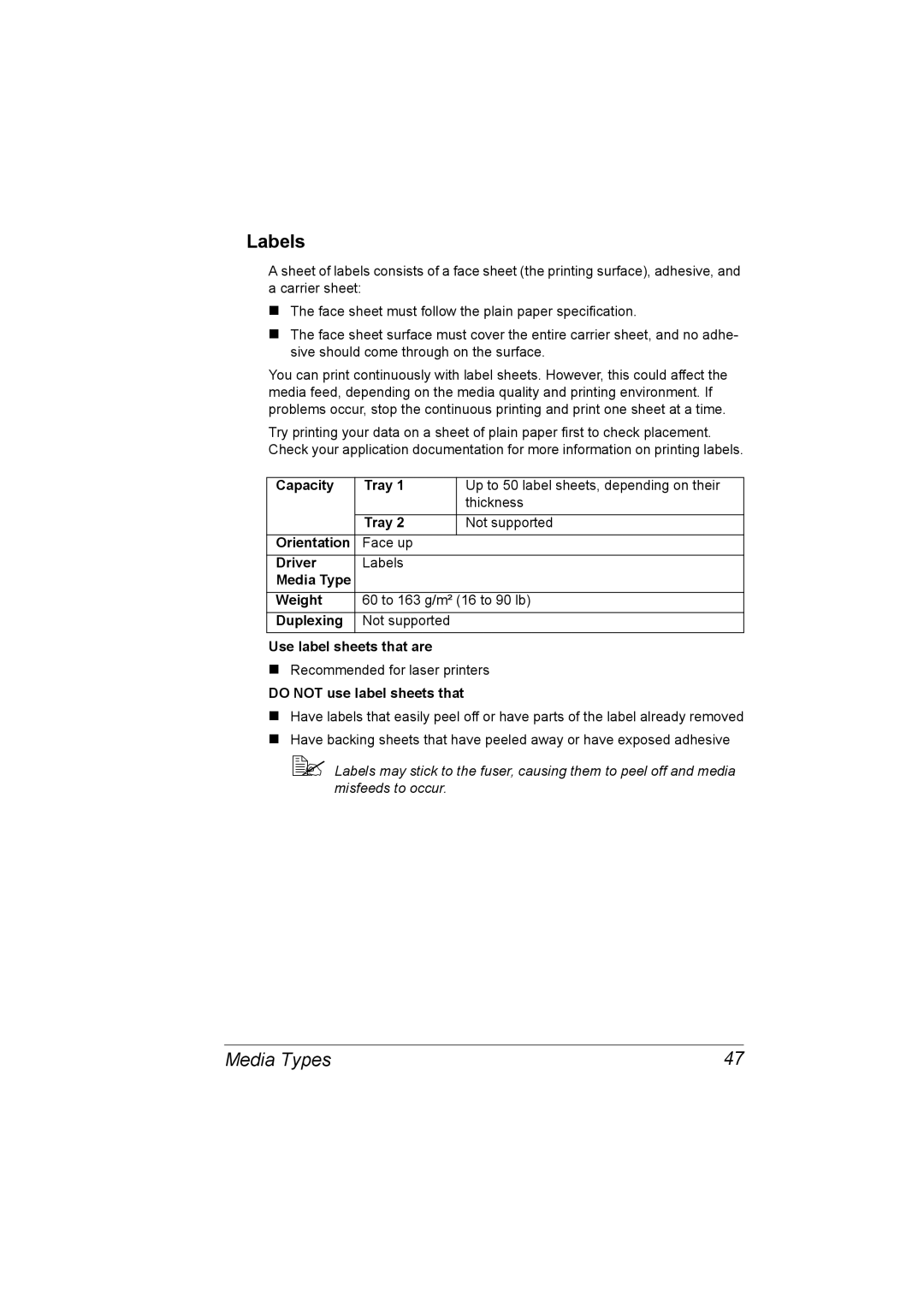 Konica Minolta 2530 DL manual Labels, Do not use label sheets that 