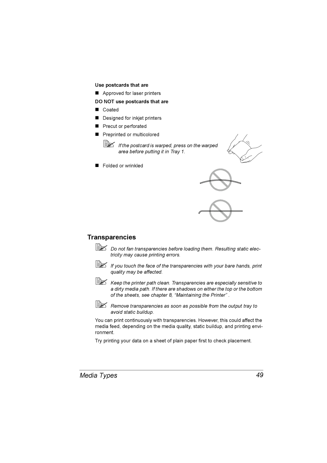 Konica Minolta 2530 DL manual Transparencies, Use postcards that are, Do not use postcards that are 