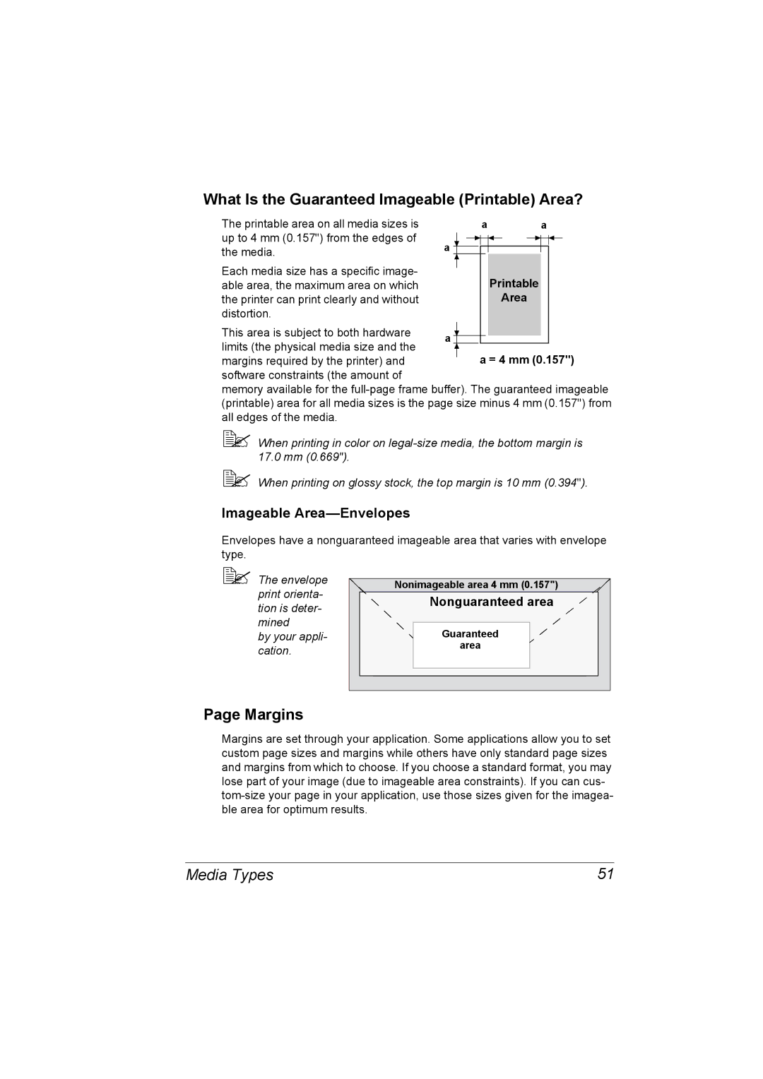 Konica Minolta 2530 DL manual What Is the Guaranteed Imageable Printable Area?, Margins, Imageable Area-Envelopes 