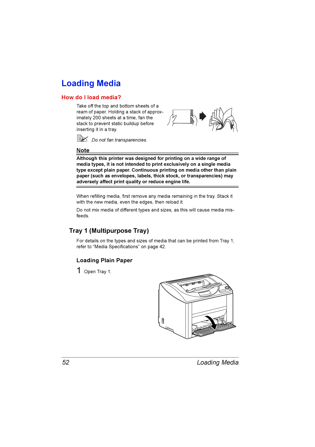 Konica Minolta 2530 DL manual Loading Media, Tray 1 Multipurpose Tray, Loading Plain Paper 