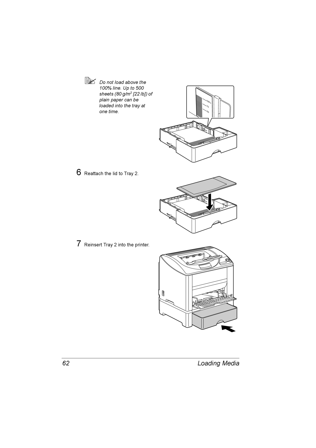 Konica Minolta 2530 DL manual Reattach the lid to Tray Reinsert Tray 2 into the printer 