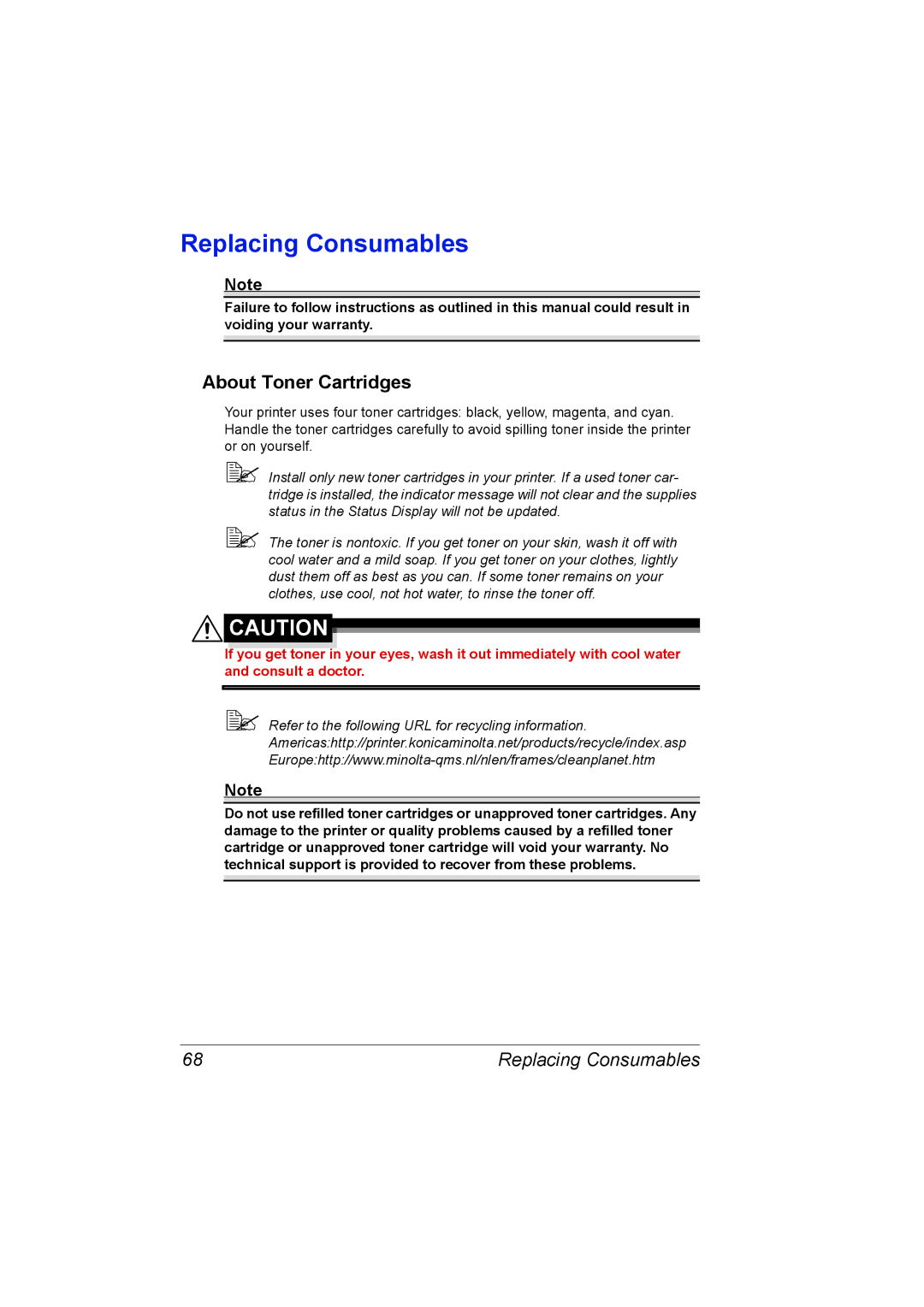 Konica Minolta 2530 DL manual Replacing Consumables, About Toner Cartridges 