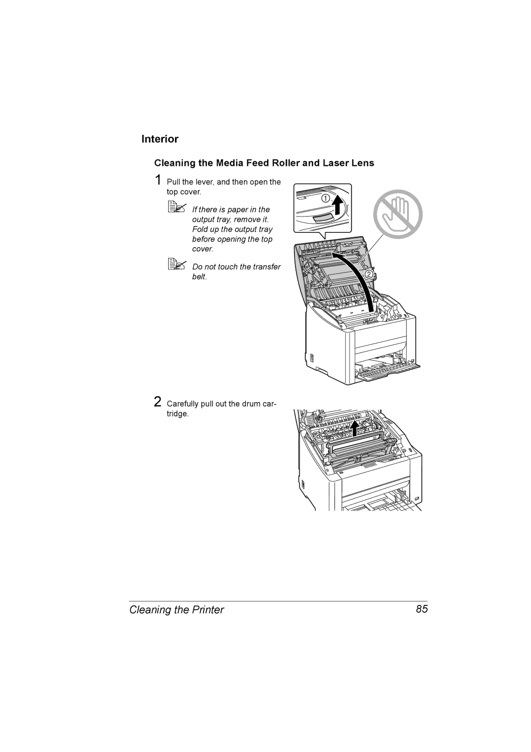 Konica Minolta 2530 DL manual Interior, Cleaning the Media Feed Roller and Laser Lens 