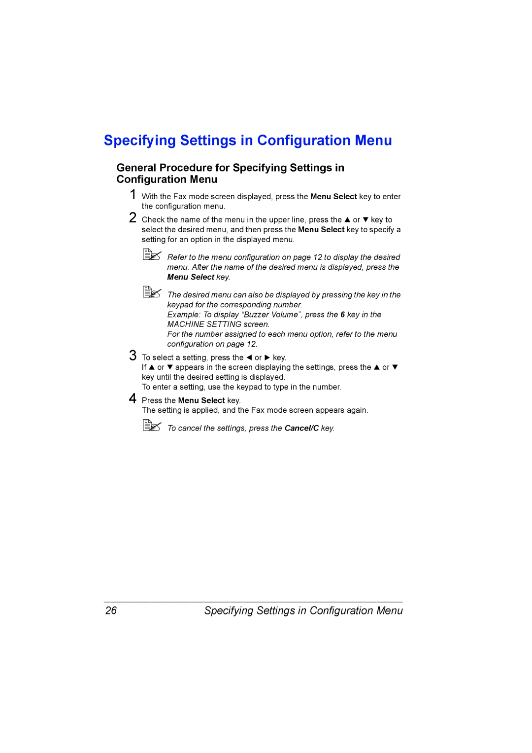 Konica Minolta 2590 MF manual Specifying Settings in Configuration Menu 