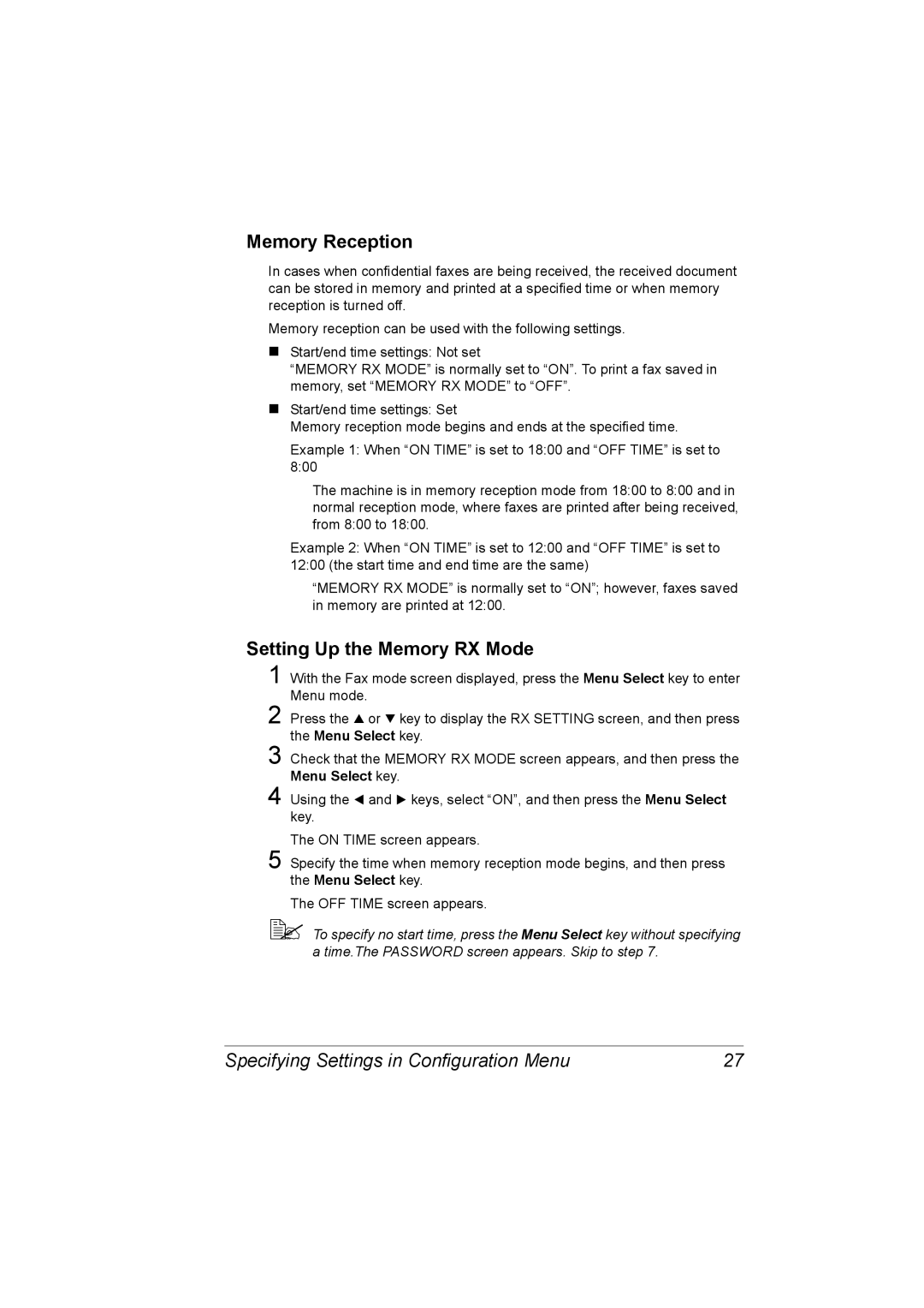 Konica Minolta 2590 MF manual Memory Reception, Setting Up the Memory RX Mode, Specifying Settings in Configuration Menu 