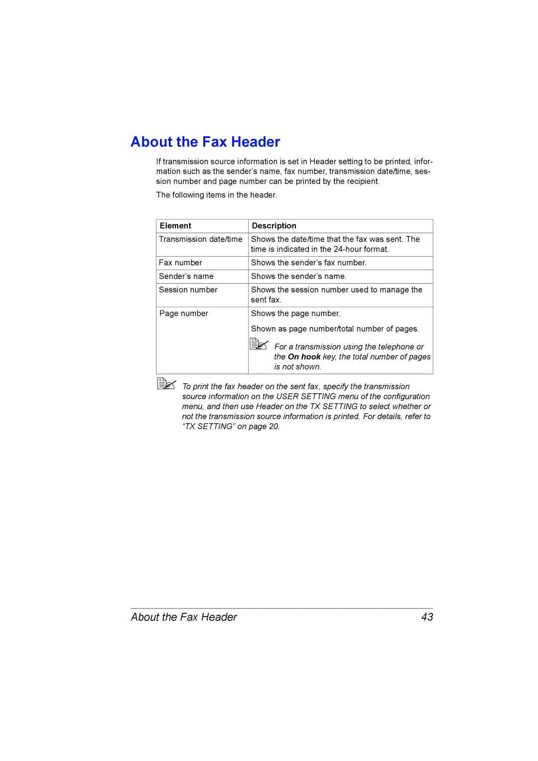 Konica Minolta 2590 MF manual About the Fax Header, Element Description 