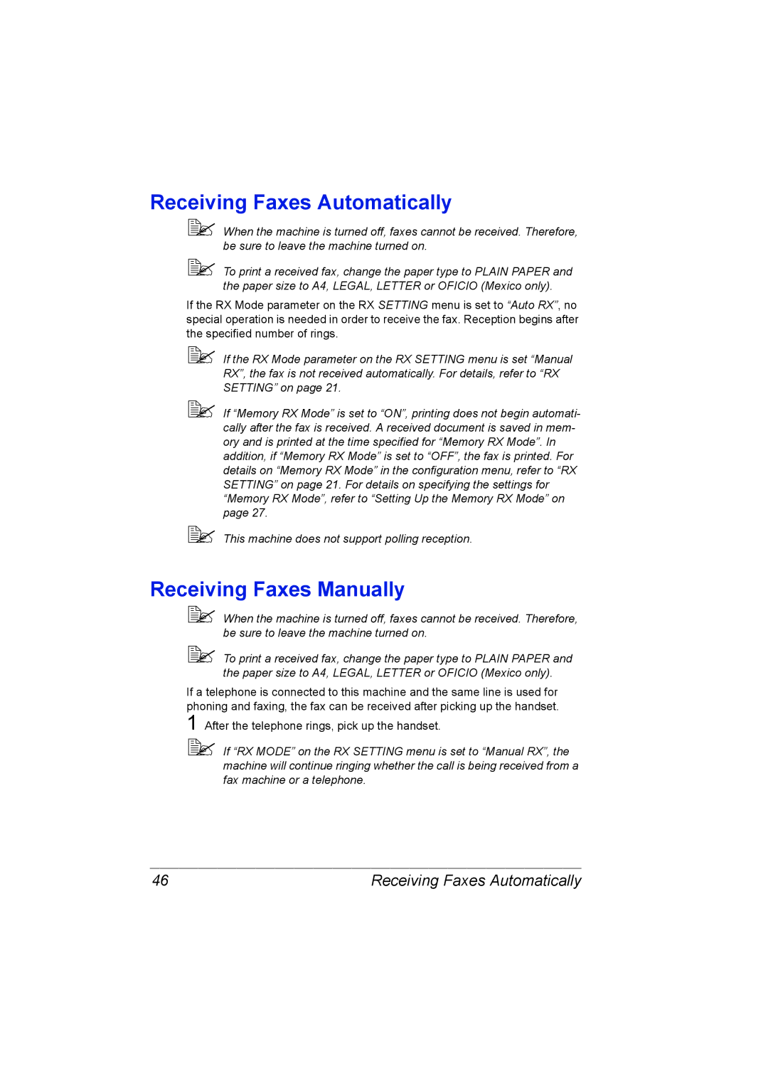 Konica Minolta 2590 MF manual Receiving Faxes Automatically, Receiving Faxes Manually 