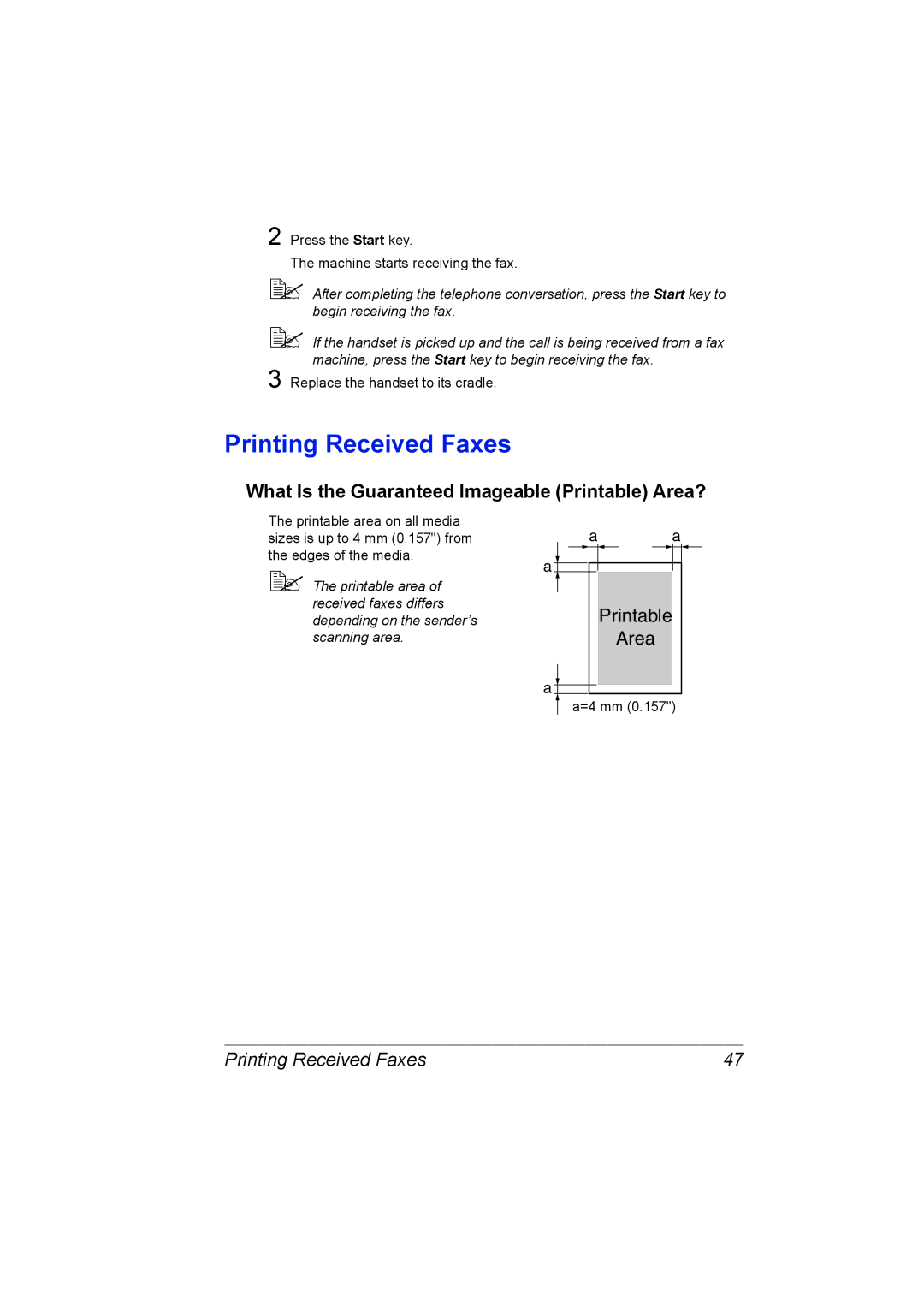 Konica Minolta 2590 MF manual Printing Received Faxes, What Is the Guaranteed Imageable Printable Area? 