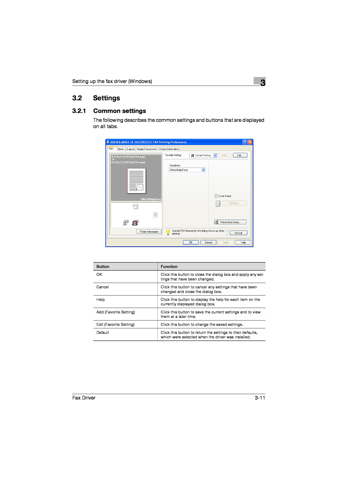 Konica Minolta 222, 282, 362 manual 3.2Settings, 3.2.1Common settings, Button, Function 