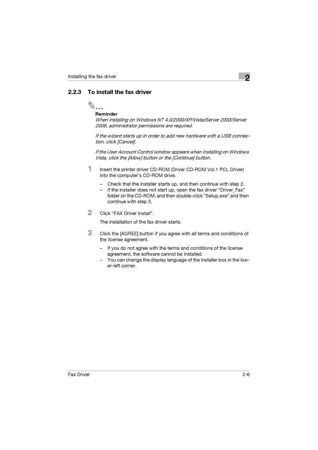 Konica Minolta 362, 282, 222 manual To install the fax driver, Reminder 