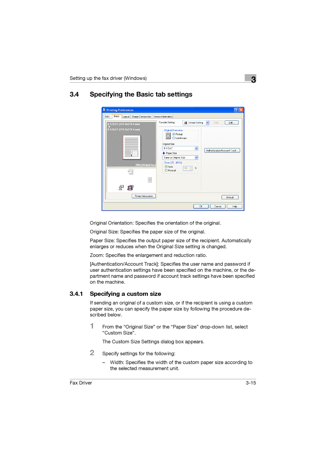 Konica Minolta 362, 282, 222 manual Specifying the Basic tab settings, Specifying a custom size 