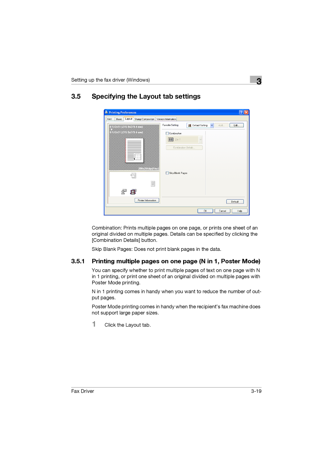 Konica Minolta 282, 222, 362 Specifying the Layout tab settings, Printing multiple pages on one page N in 1, Poster Mode 