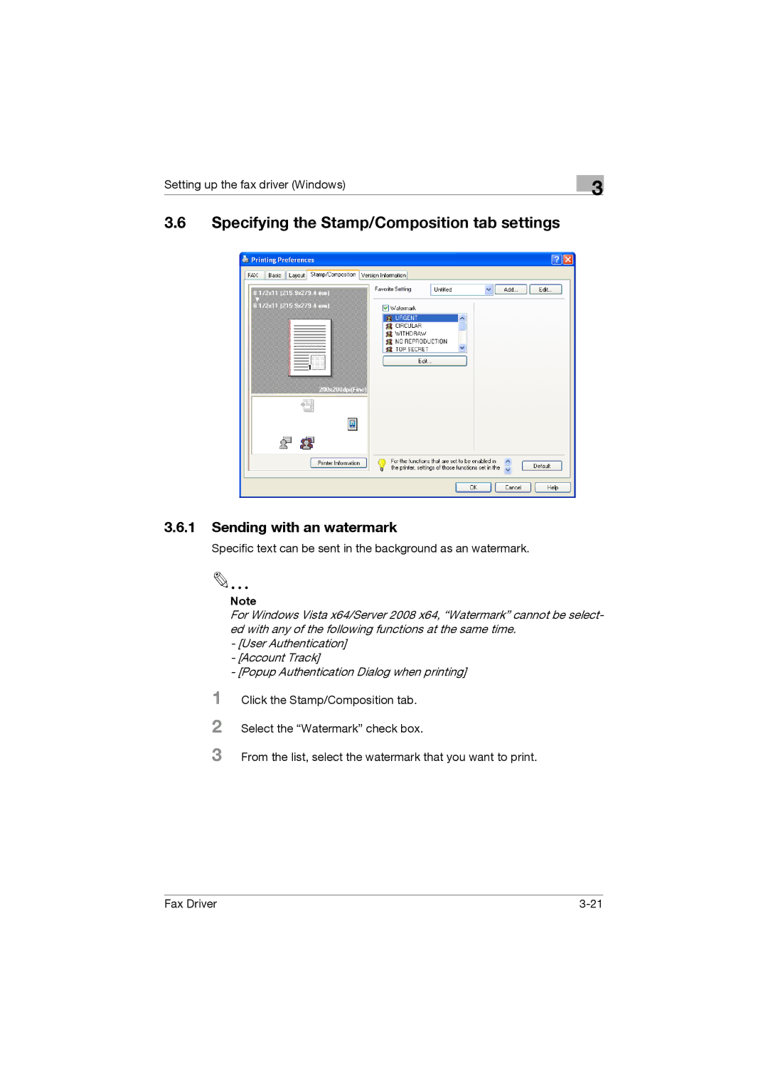 Konica Minolta 362, 282, 222 manual Specifying the Stamp/Composition tab settings, Sending with an watermark 