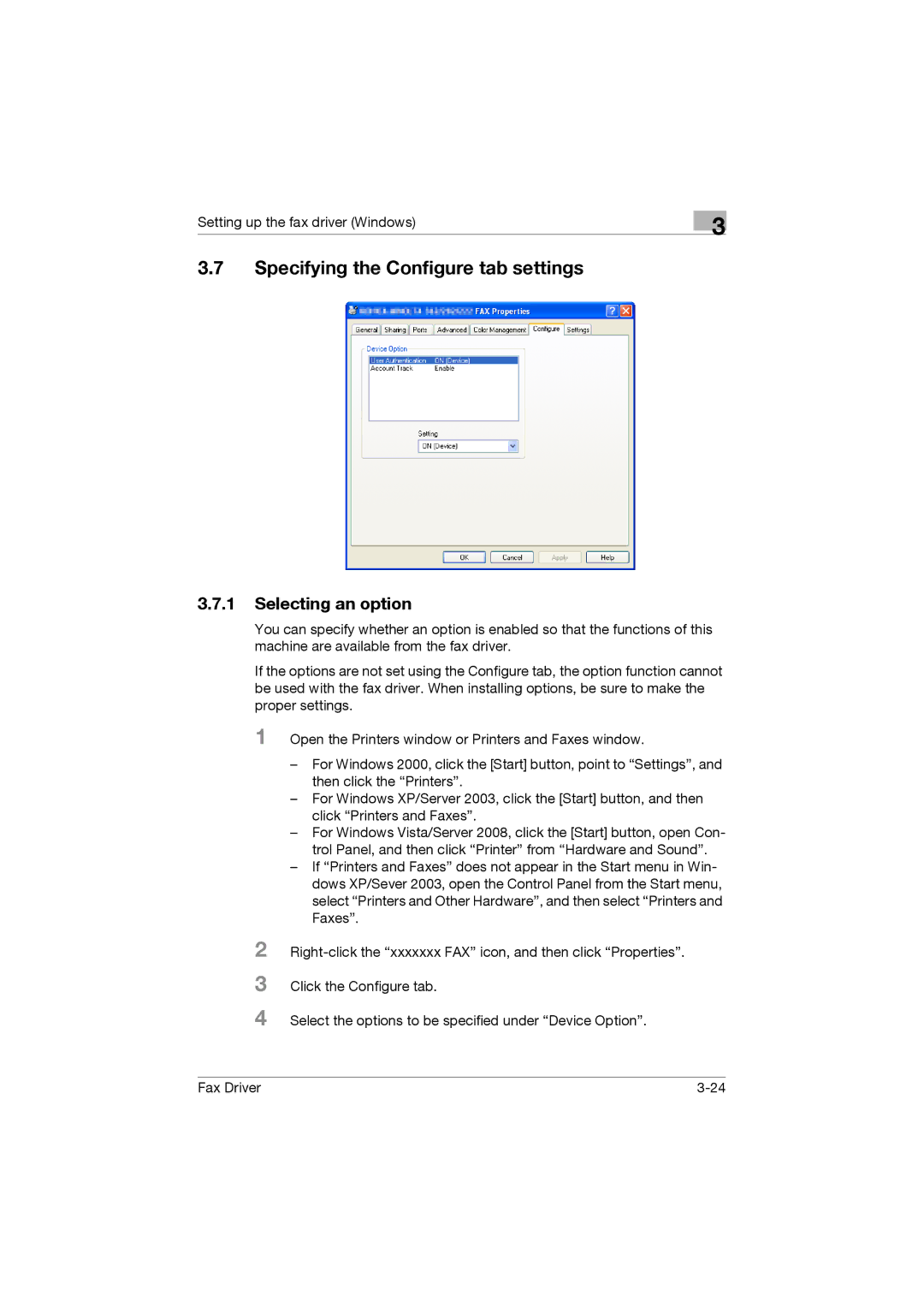 Konica Minolta 362, 282, 222 manual Specifying the Configure tab settings, Selecting an option 