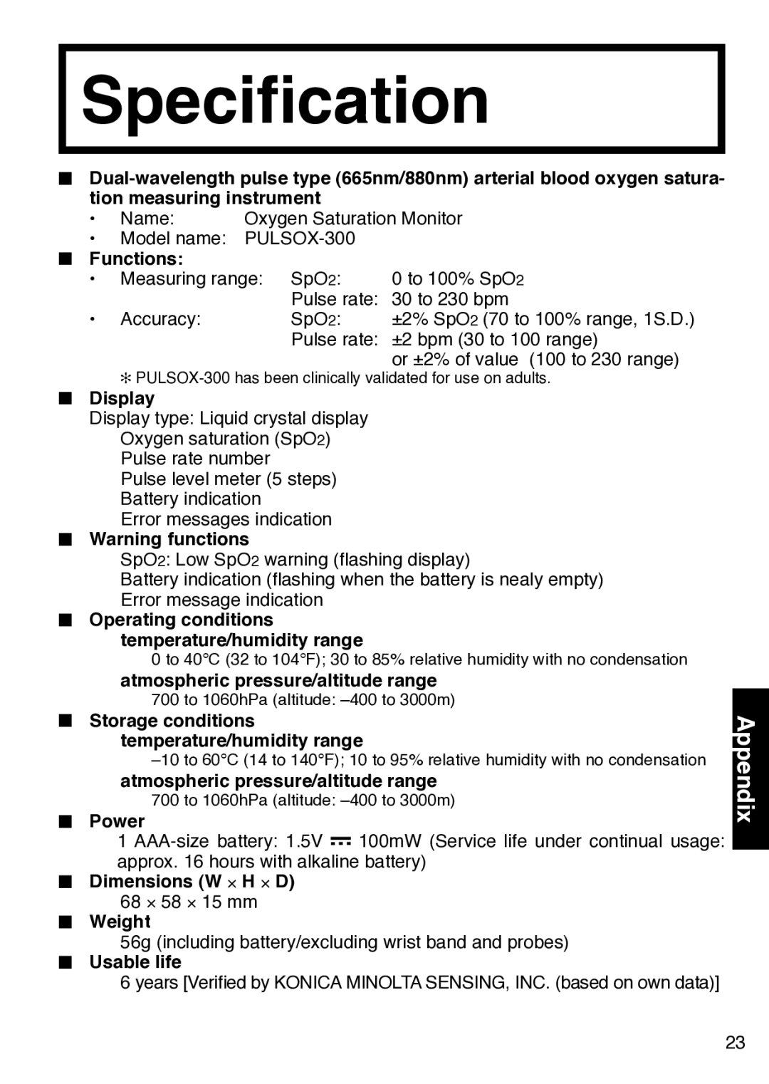 Konica Minolta 300 instruction manual Speciﬁcation, Display 