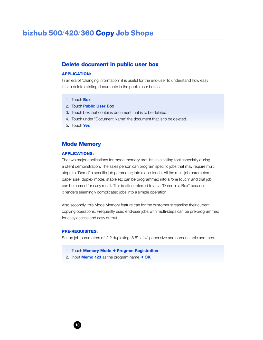 Konica Minolta 360 Delete document in public user box, Mode Memory, Touch Public User Box, Applications, Pre-Requisites 