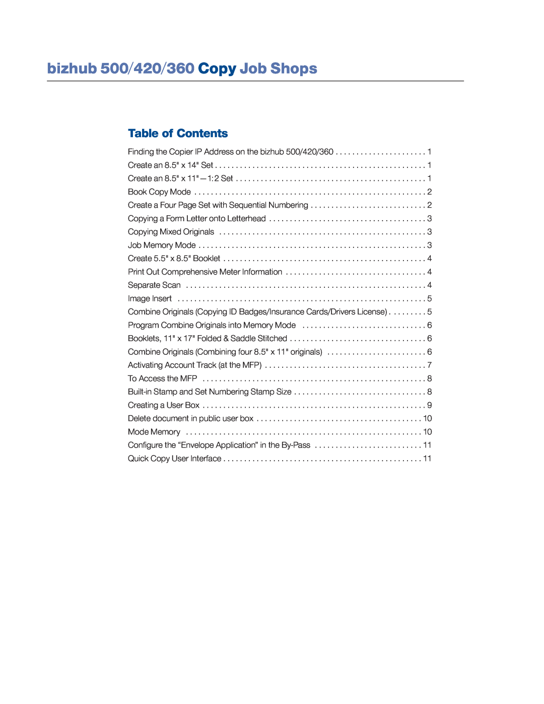Konica Minolta manual bizhub 500/420/360 Copy Job Shops, Table of Contents 