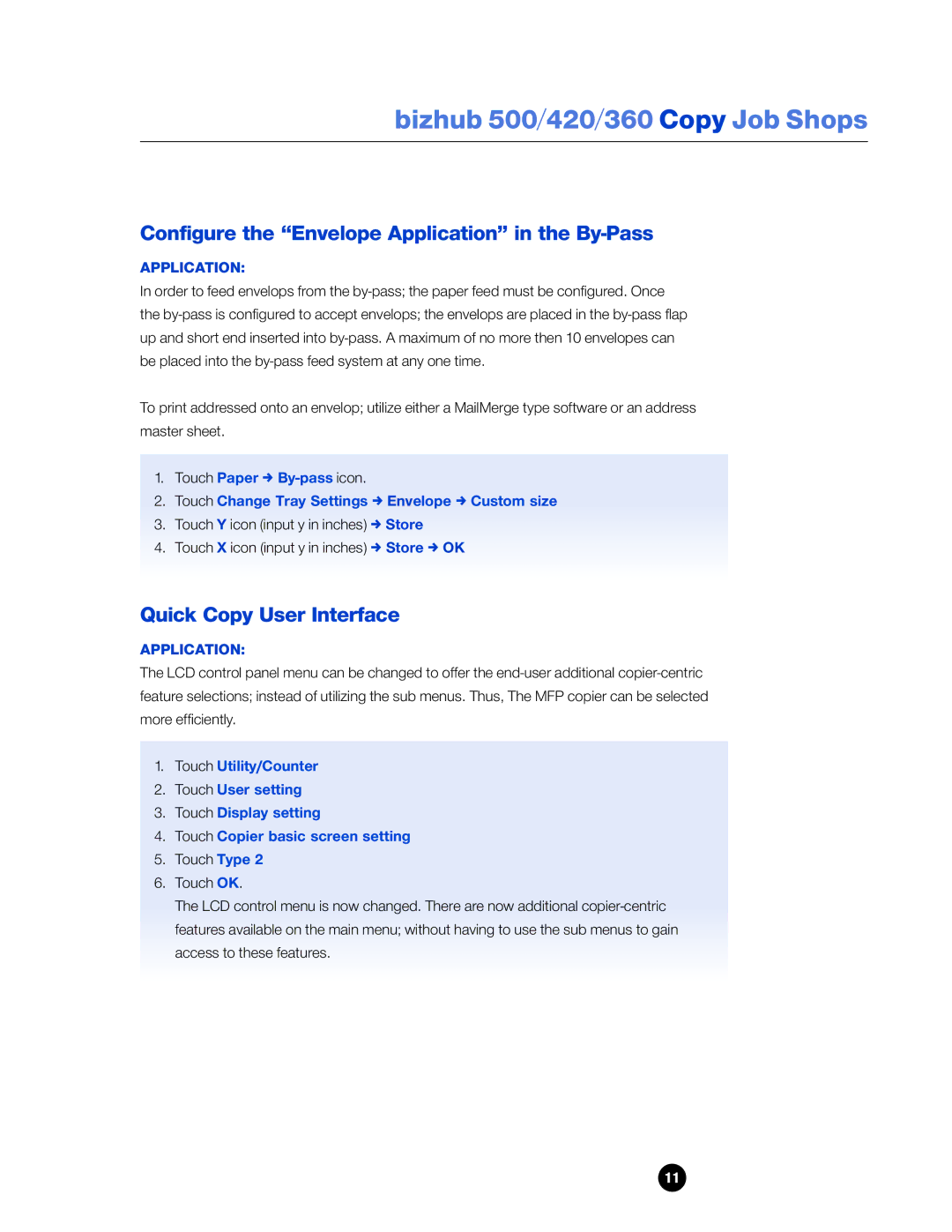 Konica Minolta 360 manual Configure the Envelope Application in the By-Pass, Quick Copy User Interface 