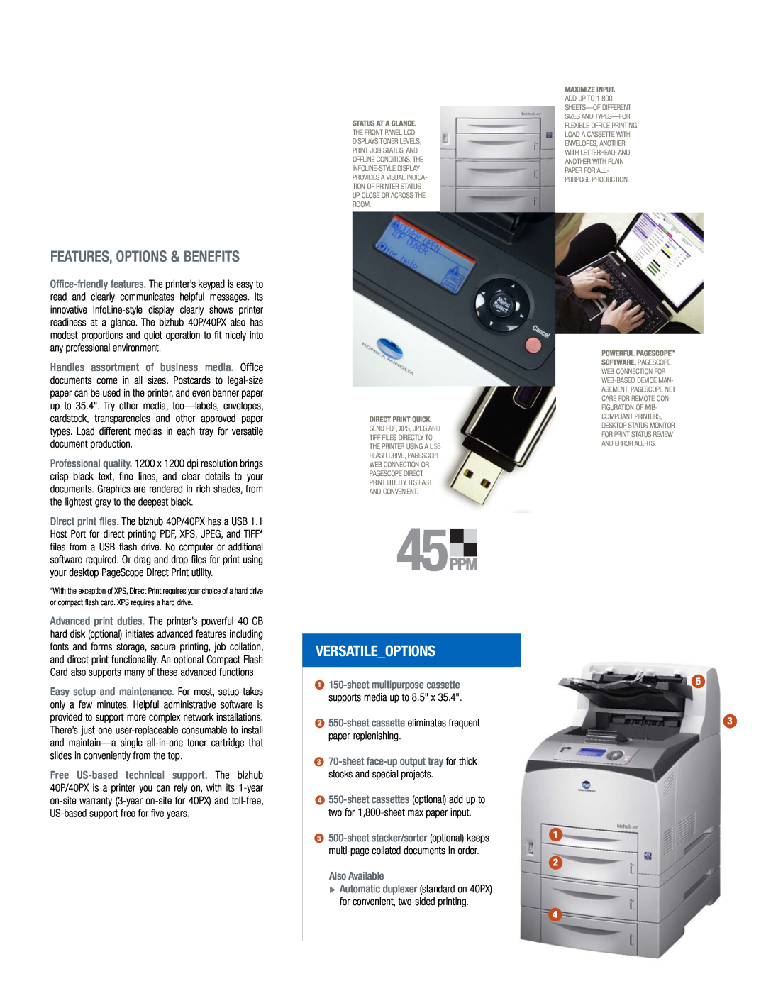 Konica Minolta 40PX manual Features, Options & Benefits, Versatile Options, 45PPM 