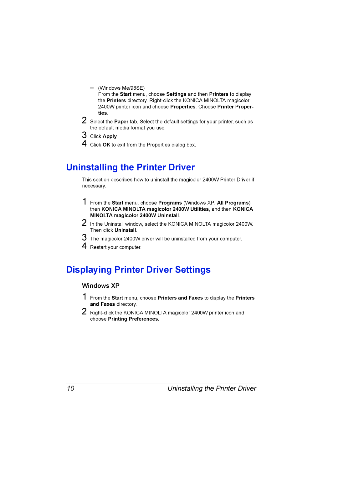 Konica Minolta 4139-7733-01A, 1800767-001A Uninstalling the Printer Driver, Displaying Printer Driver Settings, Windows XP 