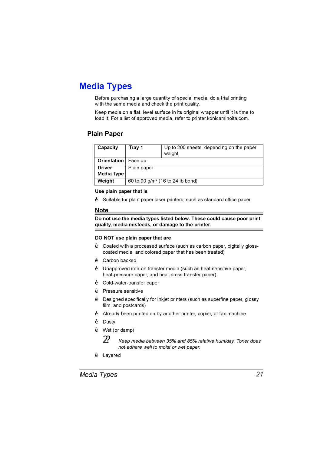 Konica Minolta 1800767-001A, 4139-7733-01A manual Media Types, Plain Paper 