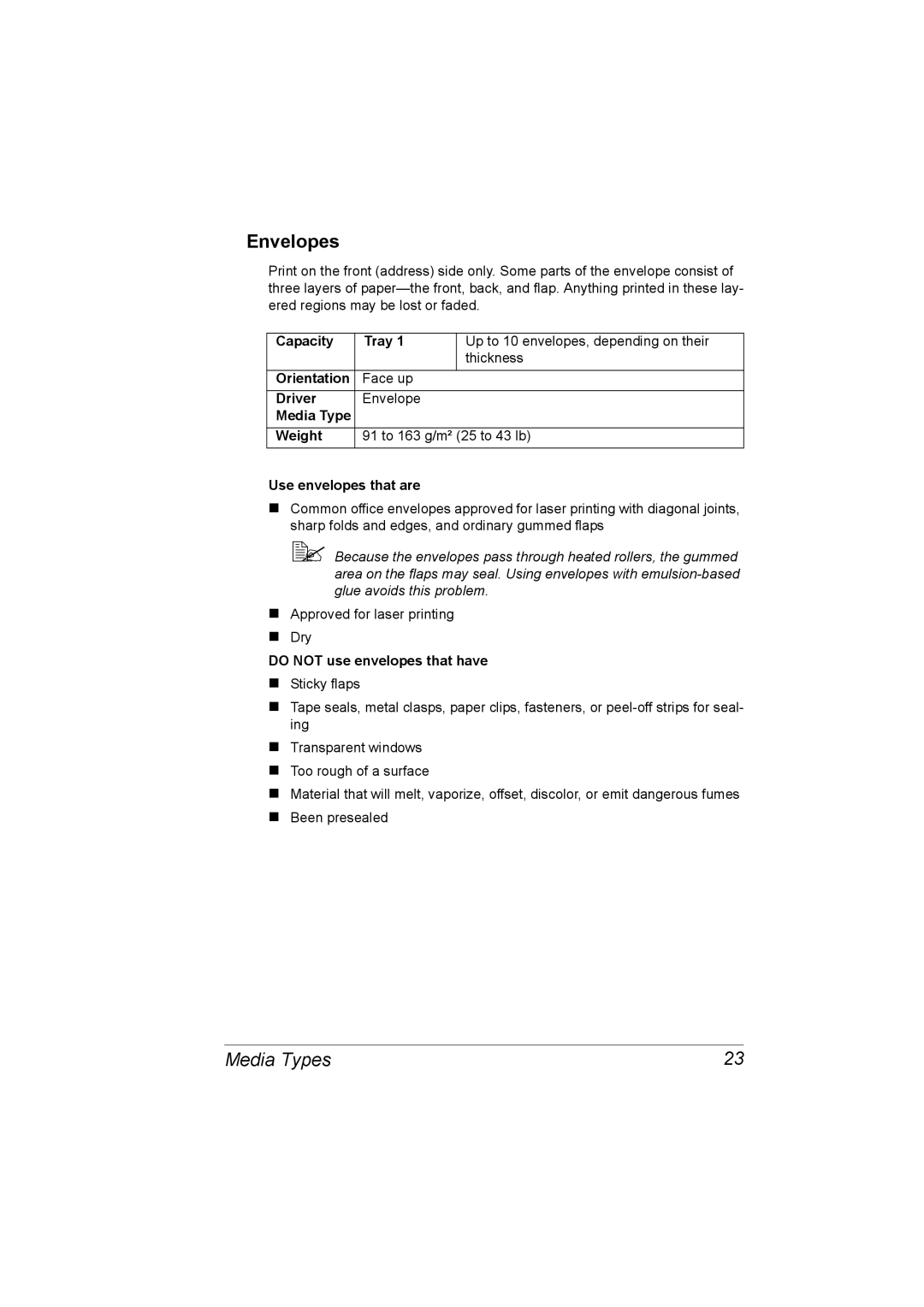 Konica Minolta 1800767-001A, 4139-7733-01A manual Envelopes, Do not use envelopes that have 