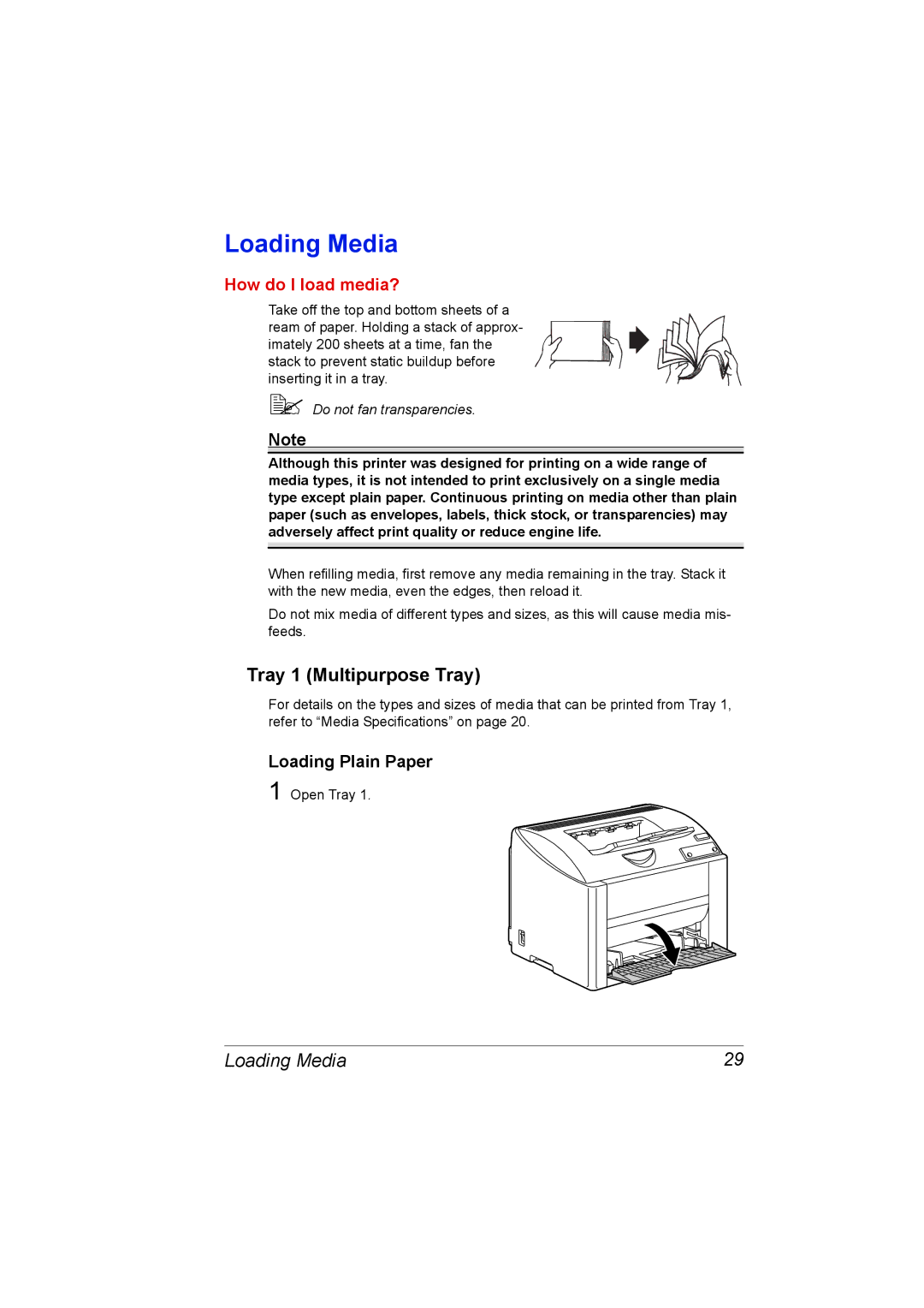 Konica Minolta 1800767-001A, 4139-7733-01A manual Loading Media, Tray 1 Multipurpose Tray, Loading Plain Paper 