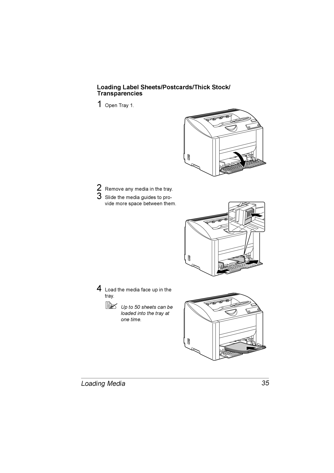 Konica Minolta 1800767-001A, 4139-7733-01A manual Loading Label Sheets/Postcards/Thick Stock/ Transparencies 