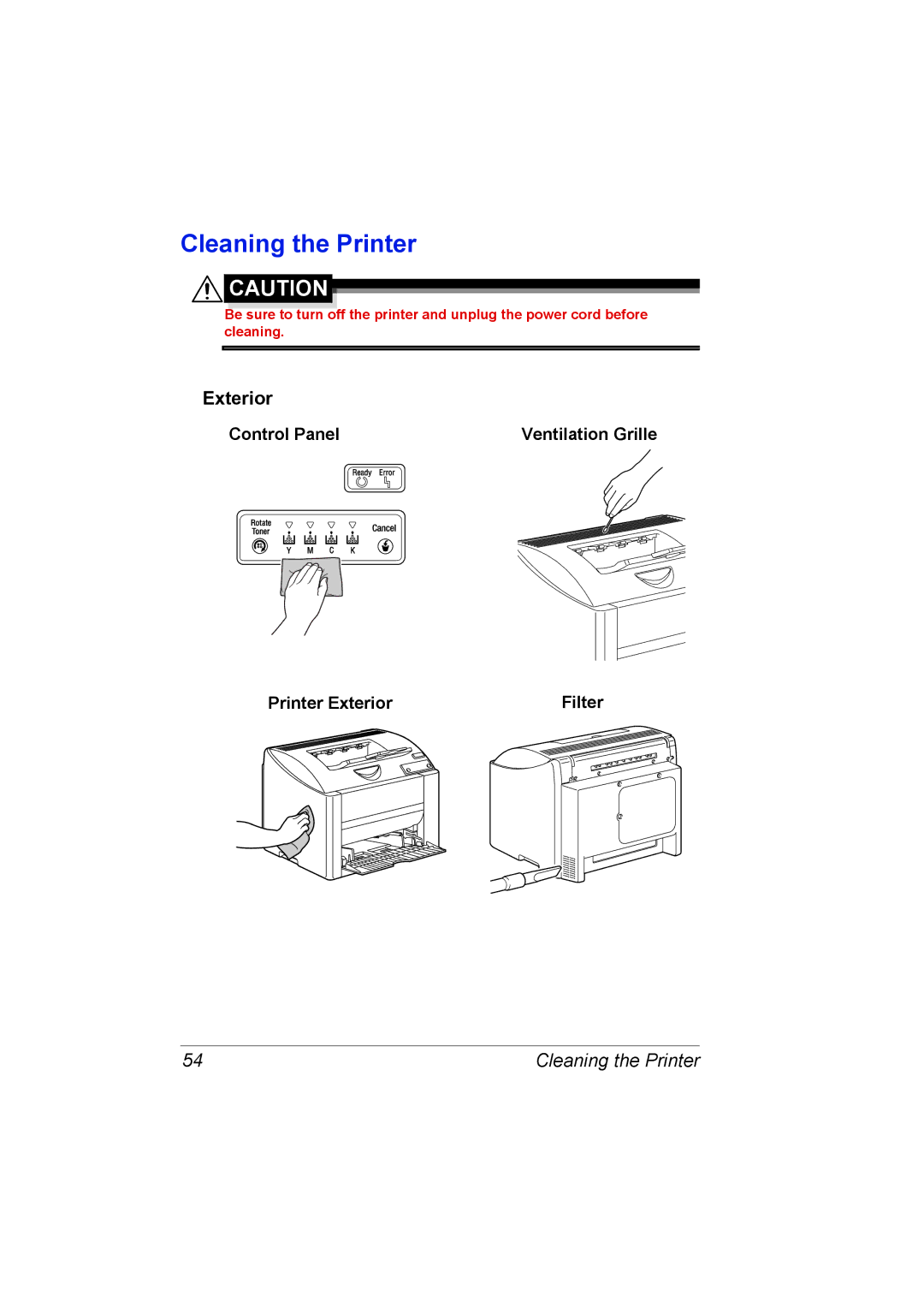 Konica Minolta 4139-7733-01A, 1800767-001A manual Cleaning the Printer, Control Panel, Printer Exterior 