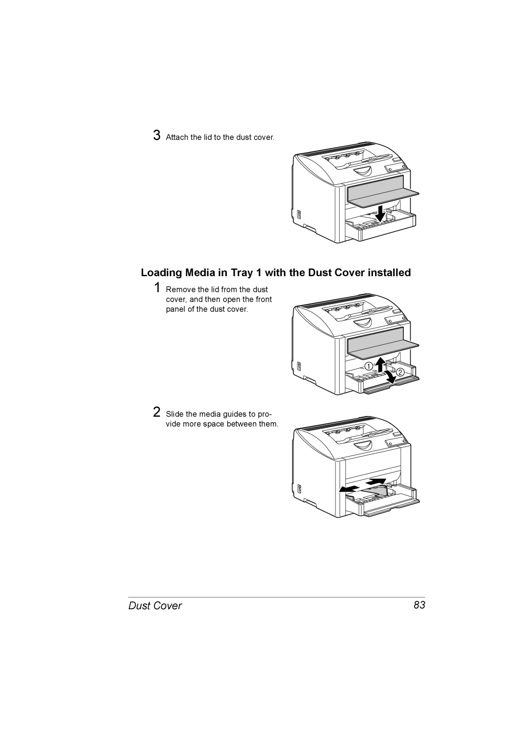 Konica Minolta 1800767-001A, 4139-7733-01A manual Loading Media in Tray 1 with the Dust Cover installed 