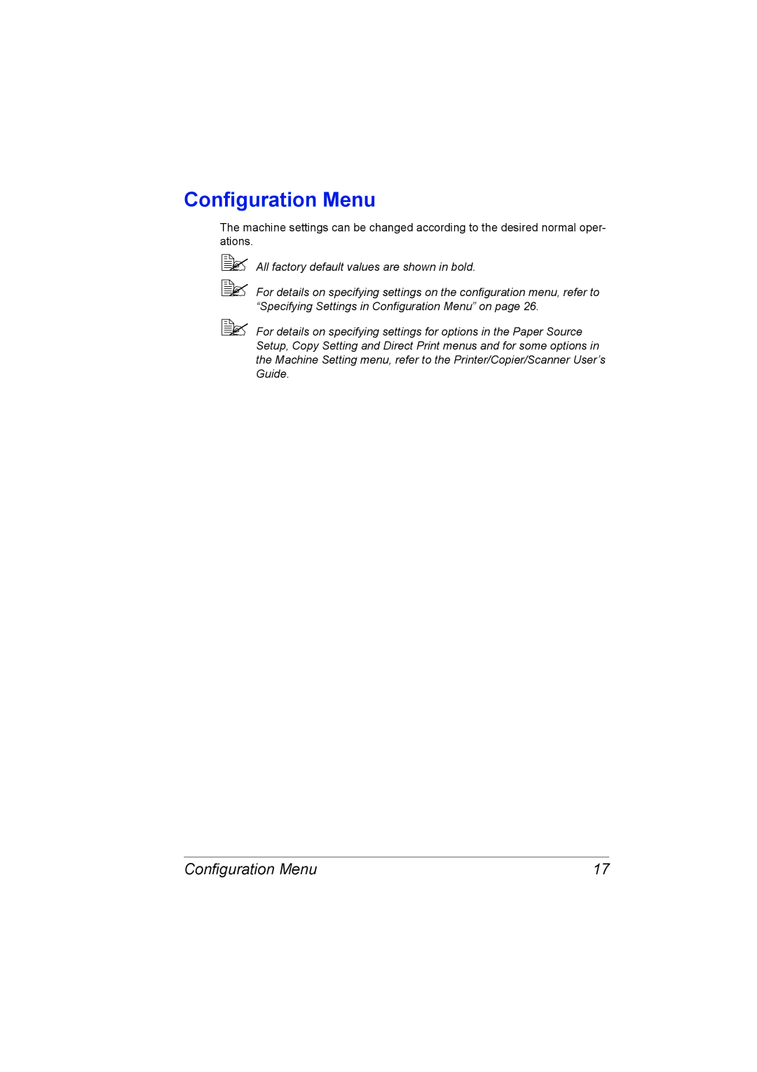 Konica Minolta 4556-9598-01A manual Configuration Menu 