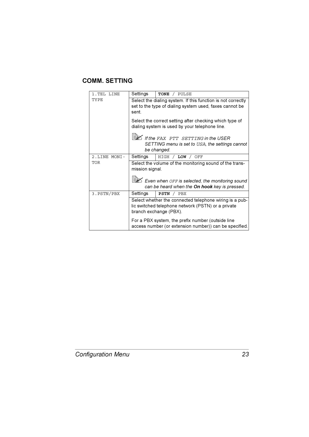 Konica Minolta 4556-9598-01A manual COMM. Setting, Type 