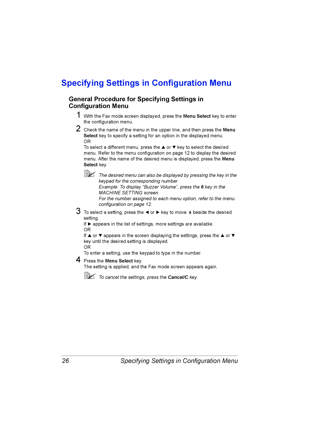 Konica Minolta 4556-9598-01A manual Specifying Settings in Configuration Menu 