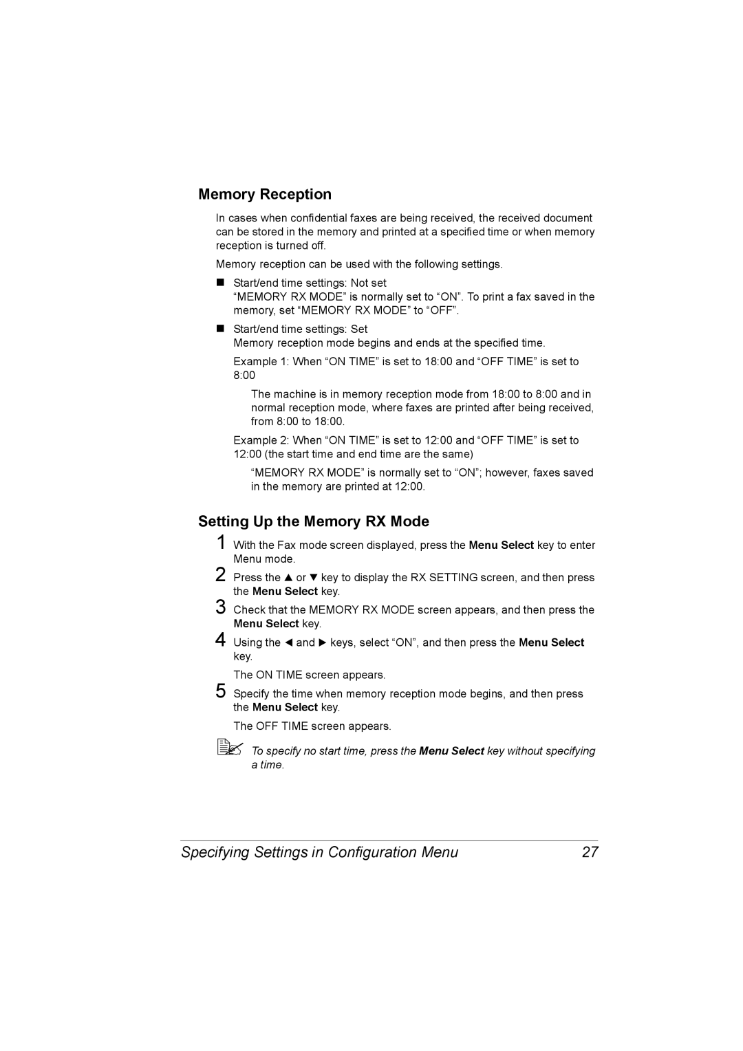 Konica Minolta 4556-9598-01A Memory Reception, Setting Up the Memory RX Mode, Specifying Settings in Configuration Menu 