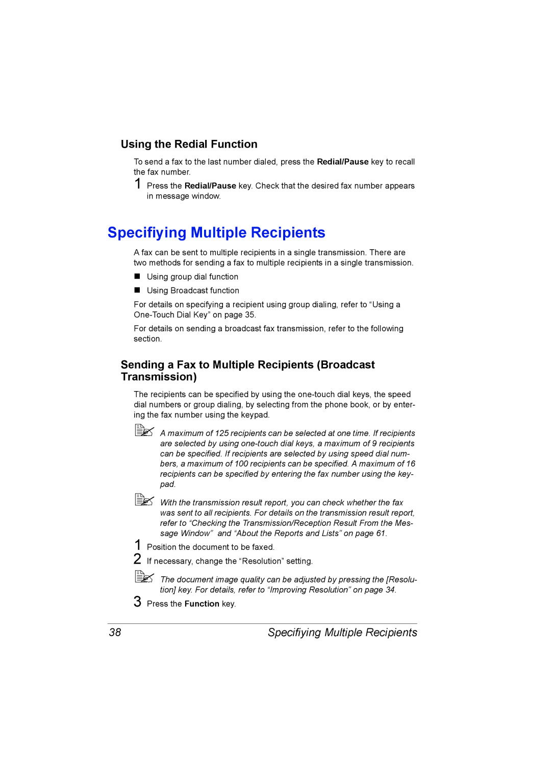 Konica Minolta 4556-9598-01A manual Specifiying Multiple Recipients, Using the Redial Function 