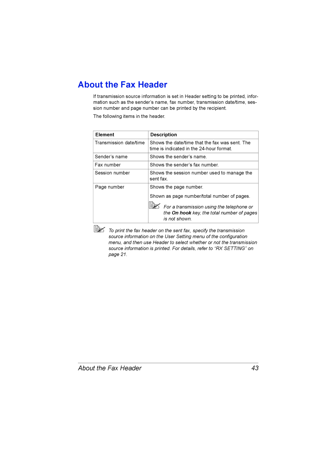 Konica Minolta 4556-9598-01A manual About the Fax Header, Element Description 