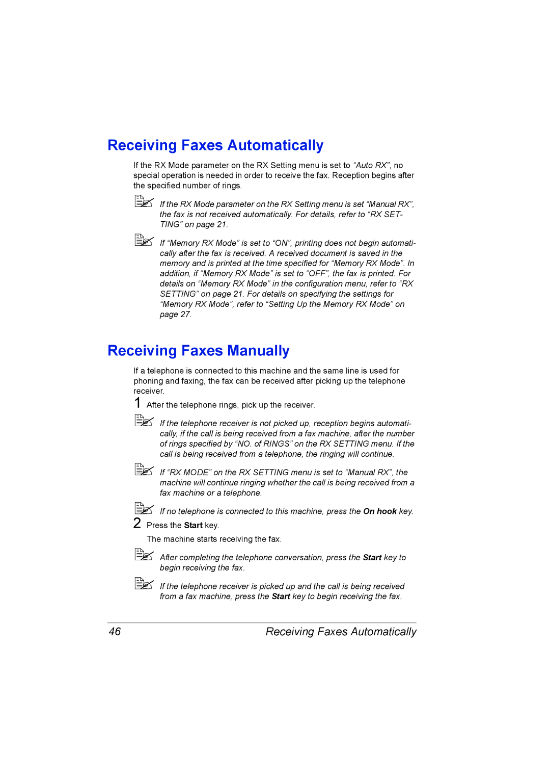 Konica Minolta 4556-9598-01A manual Receiving Faxes Automatically, Receiving Faxes Manually 