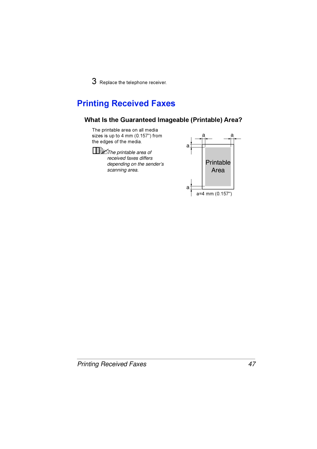 Konica Minolta 4556-9598-01A manual Printing Received Faxes, What Is the Guaranteed Imageable Printable Area? 