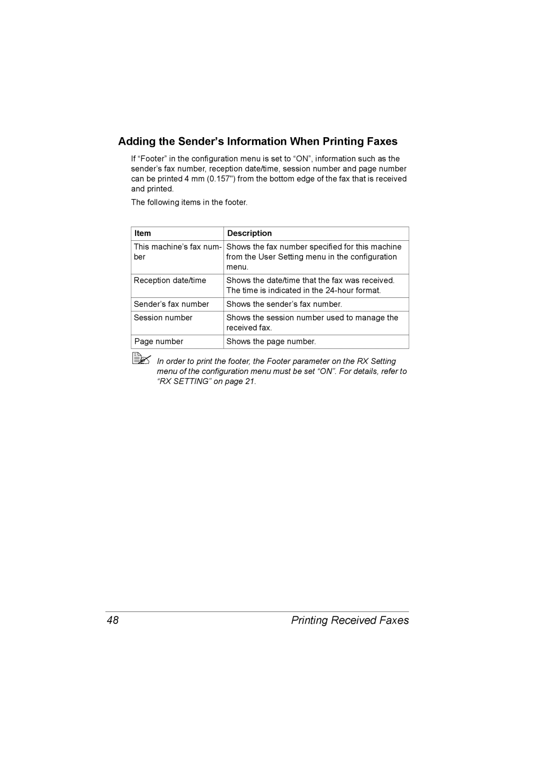 Konica Minolta 4556-9598-01A manual Adding the Sender’s Information When Printing Faxes, Printing Received Faxes 