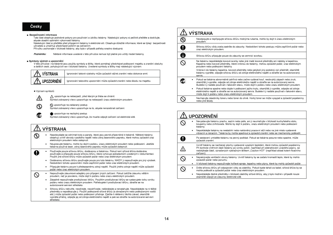 Konica Minolta 4695MF manual Výstraha, Upozornění, Česky, Bezpečnostní informace, Symboly výstrah a upozornění 