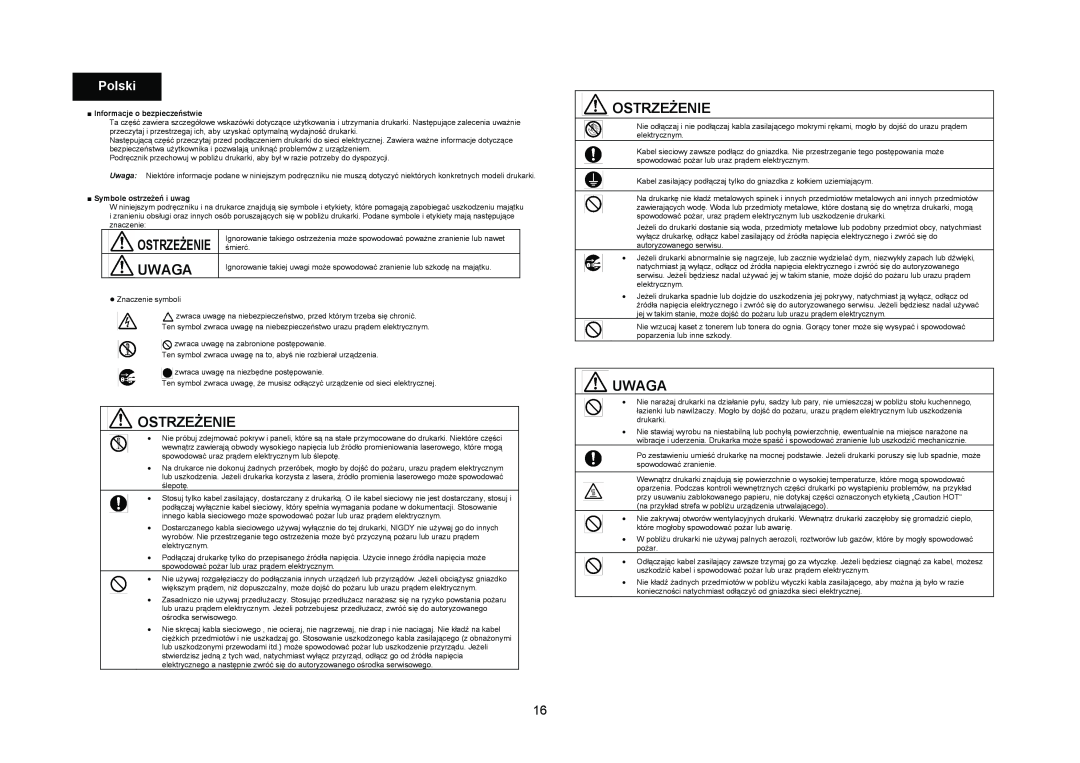 Konica Minolta 4695MF manual Uwaga, Ostrzeżenie, Polski, Informacje o bezpieczeństwie, Symbole ostrzeżeń i uwag 