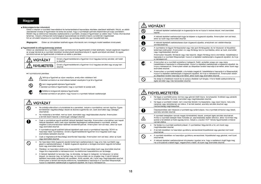 Konica Minolta 4695MF manual Vigyázat, Figyelmeztetés, Magyar, Biztonságtechnikai információ 