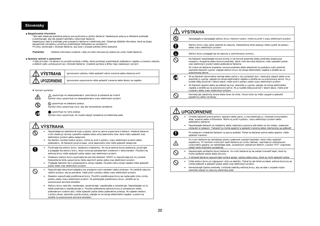Konica Minolta 4695MF manual Upozornenie, Slovensky, Výstraha, Bezpečnostné informácie, Symboly výstrah a upozornení 