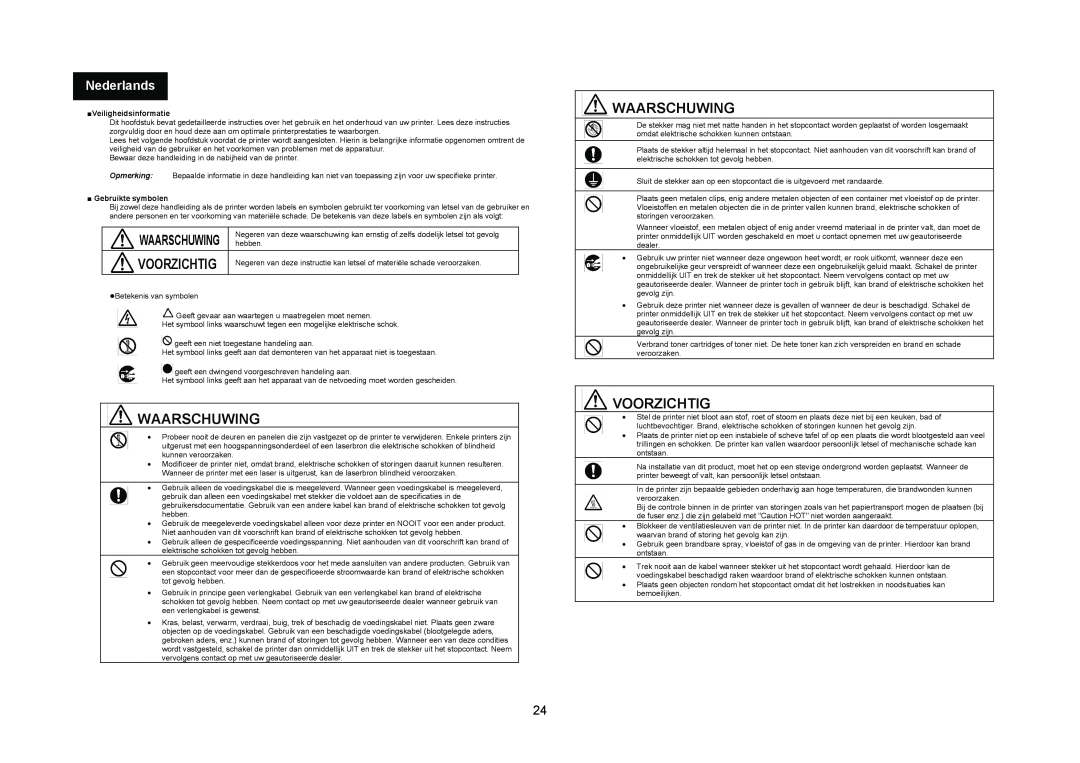 Konica Minolta 4695MF manual Waarschuwing, Voorzichtig, Nederlands, Veiligheidsinformatie, Gebruikte symbolen 