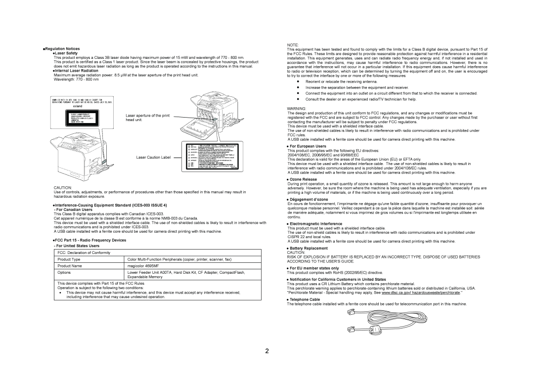 Konica Minolta 4695MF Regulation Notices Laser Safety, Internal Laser Radiation, For Canadian Users, For European Users 