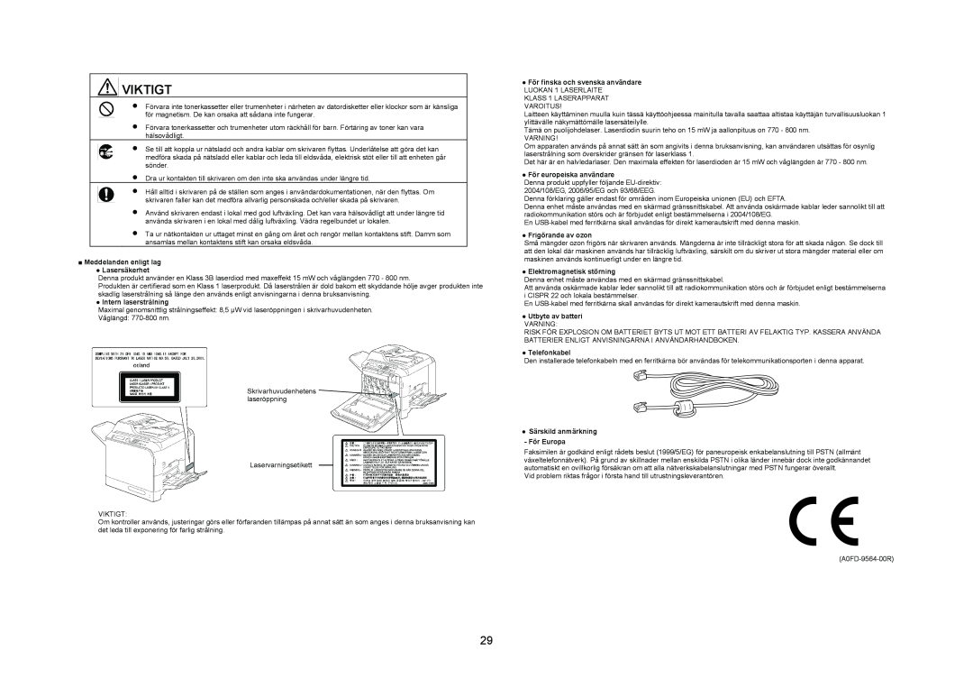 Konica Minolta 4695MF manual Meddelanden enligt lag Lasersäkerhet, Intern laserstrålning, För finska och svenska användare 