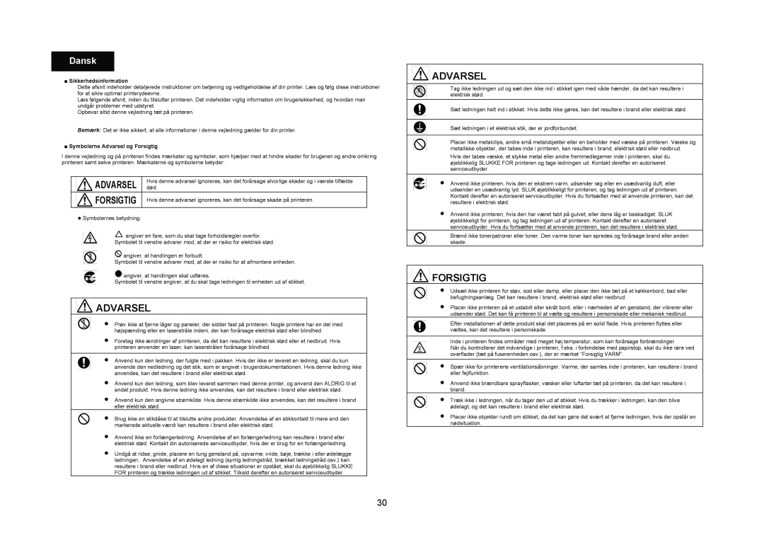 Konica Minolta 4695MF manual Dansk, Sikkerhedsinformation, Symbolerne Advarsel og Forsigtig 