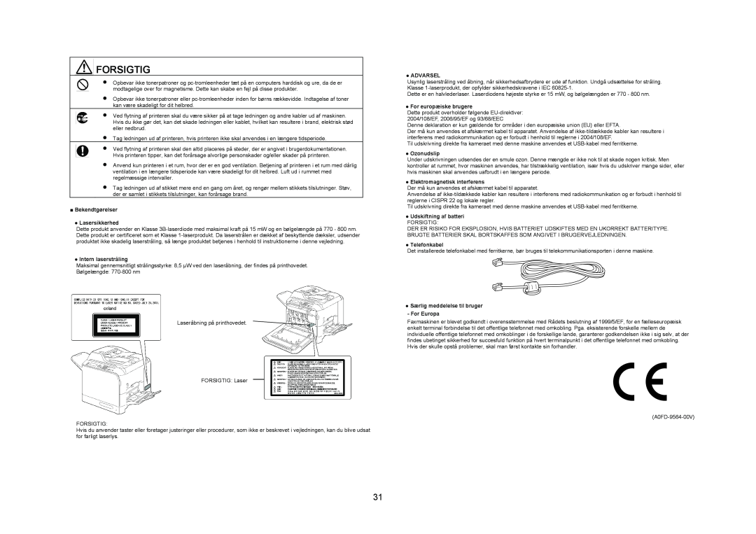 Konica Minolta 4695MF Bekendtgørelser Lasersikkerhed, Intern laserstråling, Advarsel, For europæiske brugere, Ozonudslip 