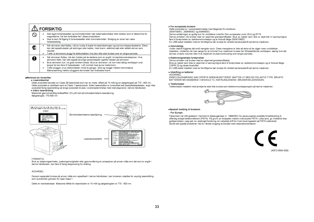 Konica Minolta 4695MF Merknad om forskrifter Lasersikkerhet, For europeiske brukere, Ozonutslipp, Utskifting av batterier 