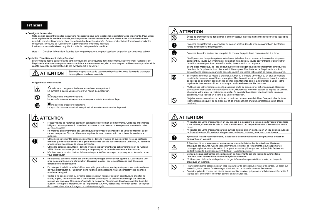 Konica Minolta 4695MF manual Français, Consignes de sécurité, Symboles davertissement et de précaution 